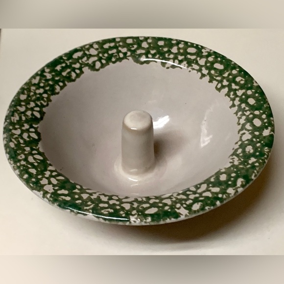 Vintage Unused Glazed Clay Pottery ORIGINAL APPLE BAKER Green Spongeware Trim - Picture 11 of 16